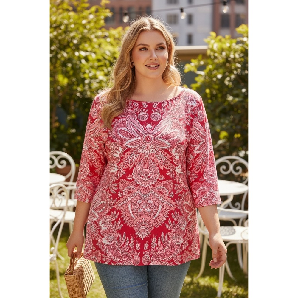 Talbots Plus 2X Red Pink Batik Paisley Medallion Boatneck 3/4 Sleeve Tee Top - Picture 1 of 5